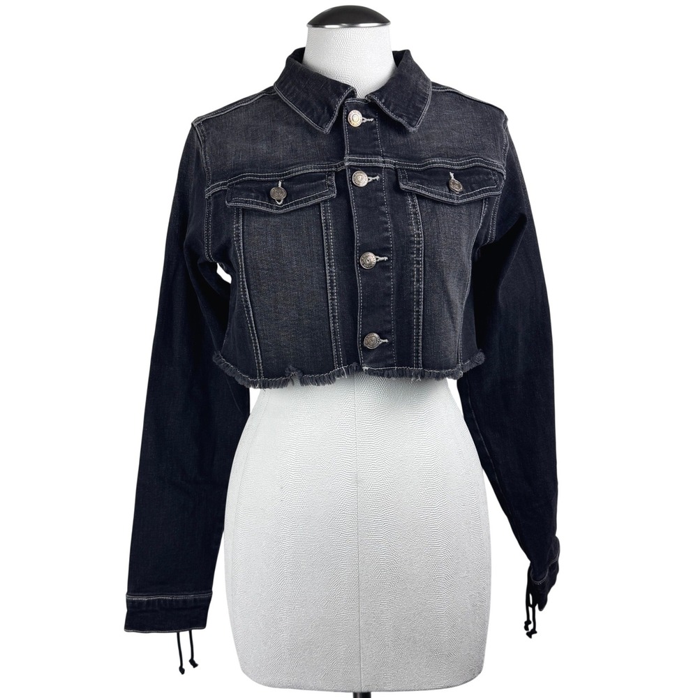 True Religion Women Washed Black Denim Lace Up Cropped Jacket Size‎ M